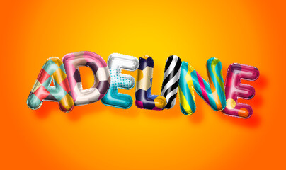 Adeline female name, colorful letter balloons background