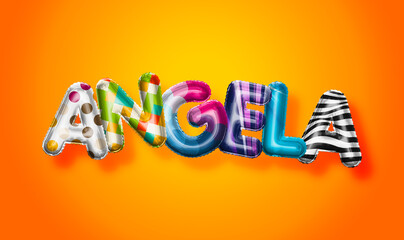 Angela female name, colorful letter balloons background