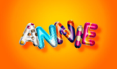 Annie female name, colorful letter balloons background