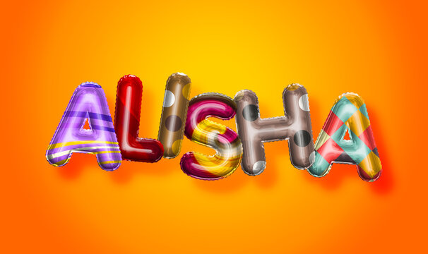 Alisha female name, colorful letter balloons background