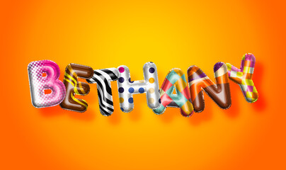 Bethany female name, colorful letter balloons background