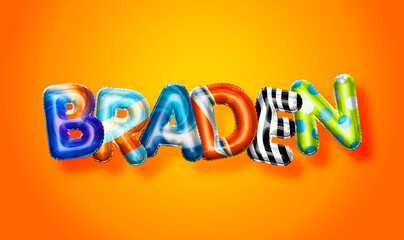 Braden male name, colorful letter balloons background