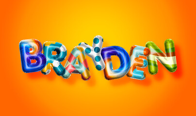 Brayden male name, colorful letter balloons background