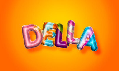 Della female name, colorful letter balloons background