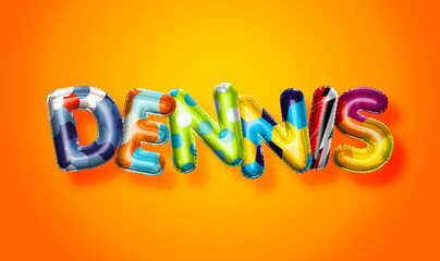 Dennis male name, colorful letter balloons background