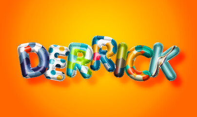 Derrick male name, colorful letter balloons background