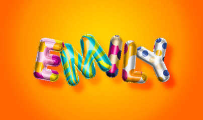 Emily female name, colorful letter balloons background