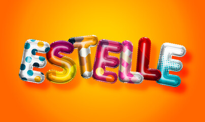 Estelle female name, colorful letter balloons background