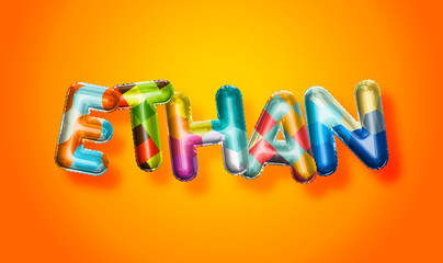 Ethan male name, colorful letter balloons background