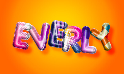Everly female name, colorful letter balloons background