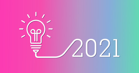 Creativity light bulb idea with 2021 new year design with a light-bulb on the soft color background. The solution, planning ideas. Business, glowing