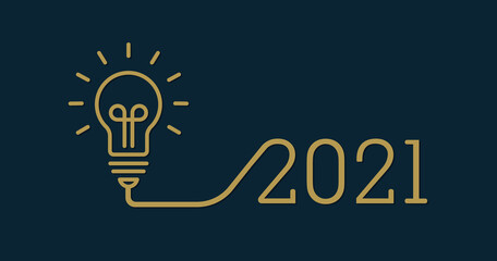 Creativity light bulb idea with 2021 new year design with a light-bulb on the Navy Blue background color. The solution, planning ideas. Business, glowing, planning,  ideas
