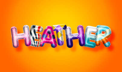 Heather female name, colorful letter balloons background