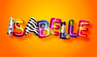 Isabelle female name, colorful letter balloons background