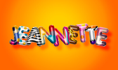 Jeannette female name, colorful letter balloons background