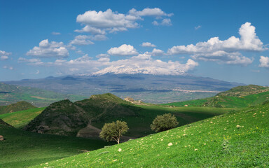 Spring Landscape Of Sicily Countryside Around Etna Mount With Rural House, Field Of Green Grass...