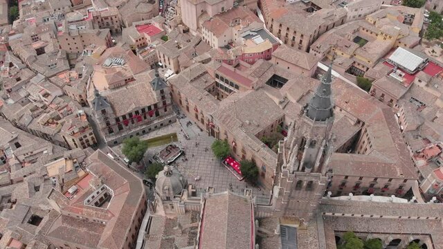Aerial view, tilt up revealing the Toledo Cathedral, Toledo, Spain