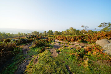 From the top of Surprise View, Derbyshire, out over a misty autumn landscape