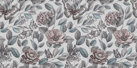 Floral seamless graphic pattern with vintage peonies, hydrangea, anemone, leaves and other flowers. Hand-drawn. Glamorous design. Good for production wallpapers, cloth and fabric printing. 
