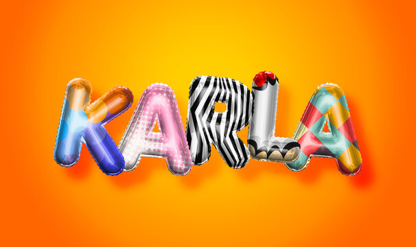 Karla female name, colorful letter balloons background