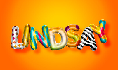 Lindsay female name, colorful letter balloons background