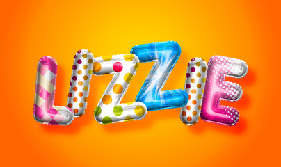 Lizzie female name, colorful letter balloons background