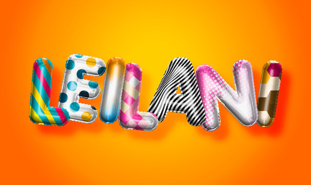 Leilani female name, colorful letter balloons background