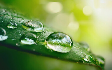Beautiful water drops sparkle in sun on leaf in sunlight, macro. Big droplet of morning dew...