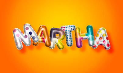 Martha female name, colorful letter balloons background