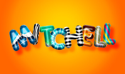 Mitchell male name, colorful letter balloons background