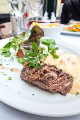 juicy steak veal beef meat with tomato and vegetables