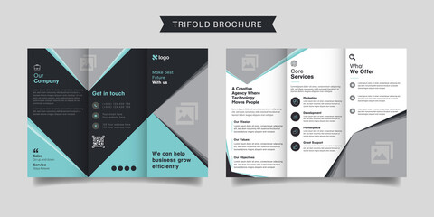 Corporate business trifold brochure template. Modern, Creative and Professional tri fold brochure vector design. Simple and minimalist promotion layout with black and blue color.