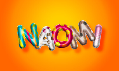 Naomi female name, colorful letter balloons background