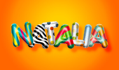 Natalia female name, colorful letter balloons background