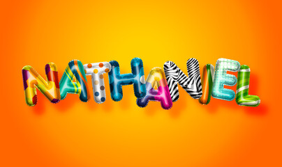 Nathaniel male name, colorful letter balloons background