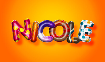 Nicole female name, colorful letter balloons background
