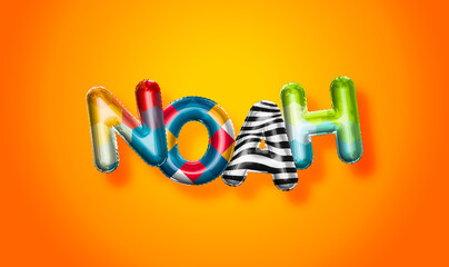 Noah male name, colorful letter balloons background