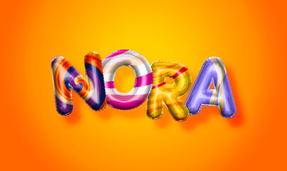 Nora female name, colorful letter balloons background