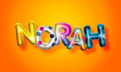 Norah female name, colorful letter balloons background