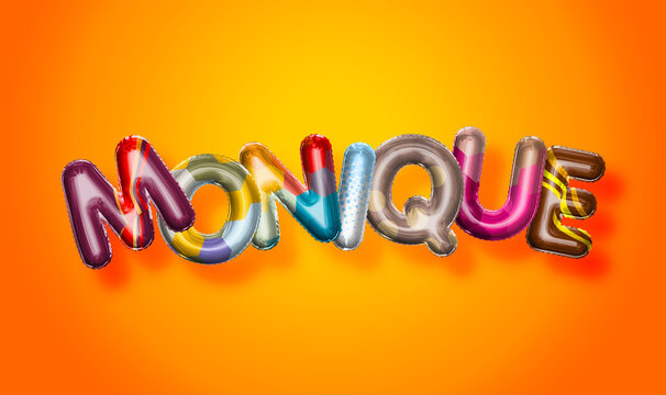 Monique female name, colorful letter balloons background