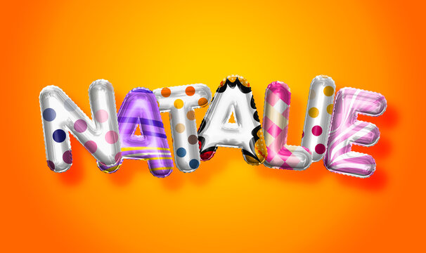 Natalie female name, colorful letter balloons background