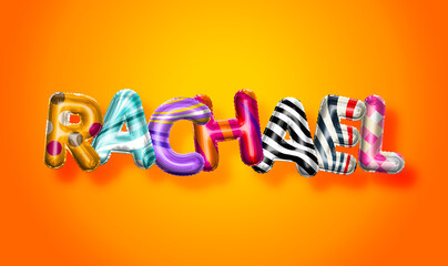 Rachael female name, colorful letter balloons background