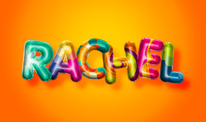 Rachel female name, colorful letter balloons background