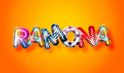 Ramona female name, colorful letter balloons background