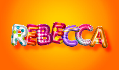 Rebecca female name, colorful letter balloons background