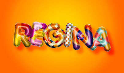 Regina female name, colorful letter balloons background