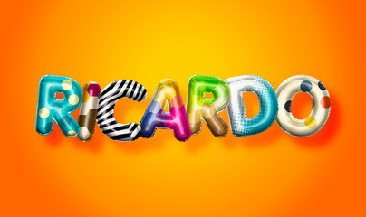 Ricardo male name, colorful letter balloons background