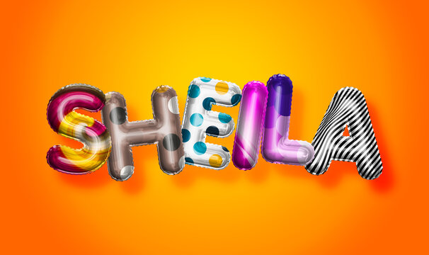 Sheila female name, colorful letter balloons background