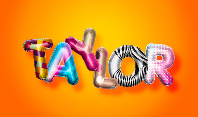 Taylor female name, colorful letter balloons background © psdgraphicscom