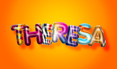 Theresa female name, colorful letter balloons background